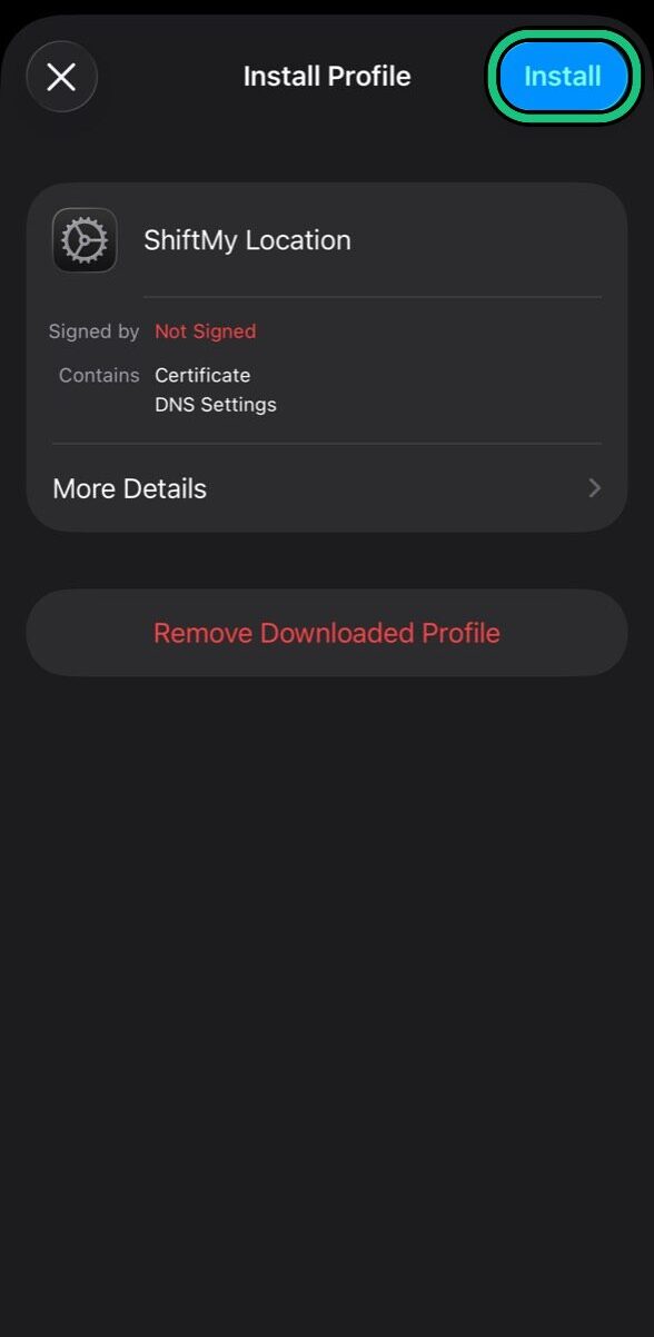 Install Profile screen showing Install highlighted