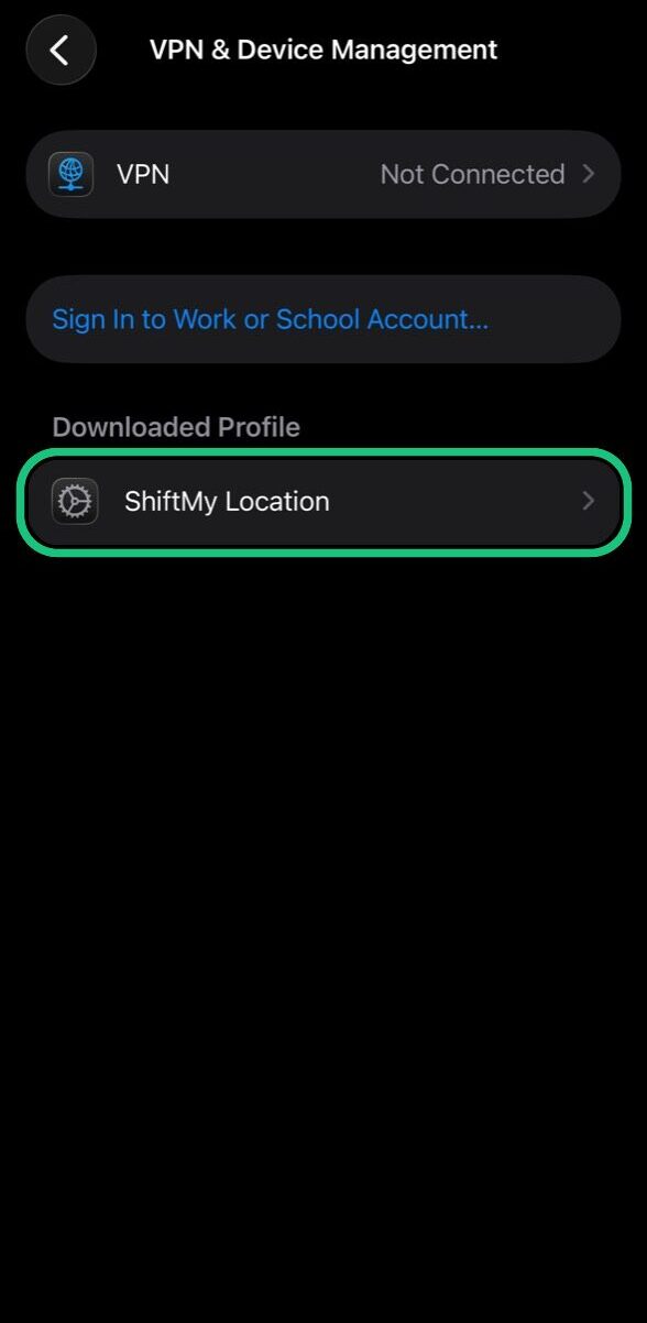 VPN and Device Management showing ShiftMy Location highlighted
